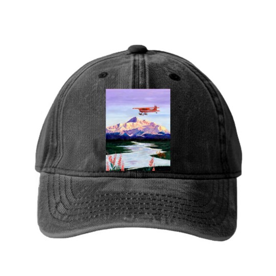 Discover Denali Mountain Painting, K2 Aviation, Living Room Painting, Alaska Mountain, Gift for Pilot, Scott Washed Denim Baseball Caps
