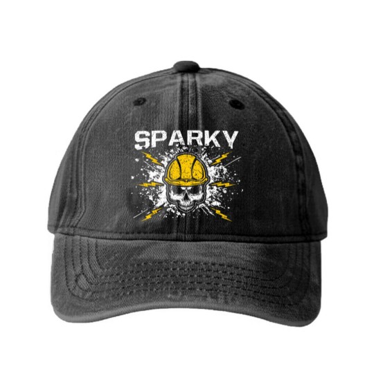 Discover Sparky Grounded Voltage Electrician Lineman Skull Washed Denim Baseball Caps