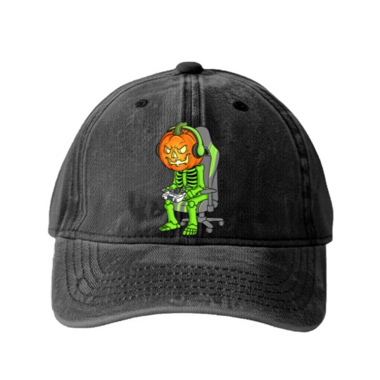 Discover Gaming Halloween Skeleton Jack O Lantern Gamer Boy Washed Denim Baseball Caps
