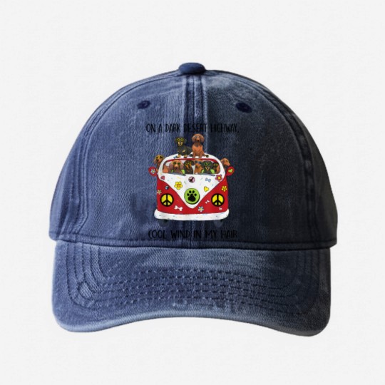 Discover On A Dark Desert Highway Cool Wind in My Hair Dachshund Washed Denim Baseball Caps