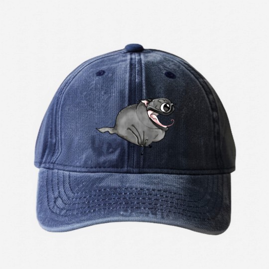 Discover Zoomies!!! (black pug) - Black Pug - Washed Denim Baseball Caps