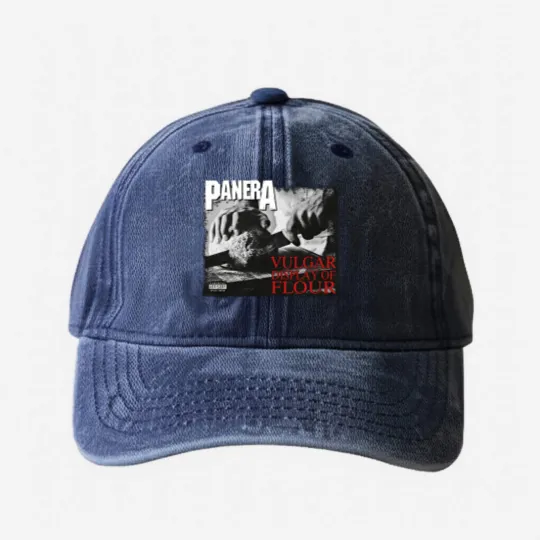 Discover PANERA Vulgar Display Of FLOUR Metal Band Parody Spoof Mayhem Skull Washed Denim Baseball Caps