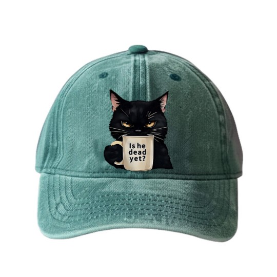 Discover Is He Dead Yet Black Cat Washed Denim Baseball Caps, Dark Humor Graphic, Anti Trump Protest Washed Denim Baseball Caps