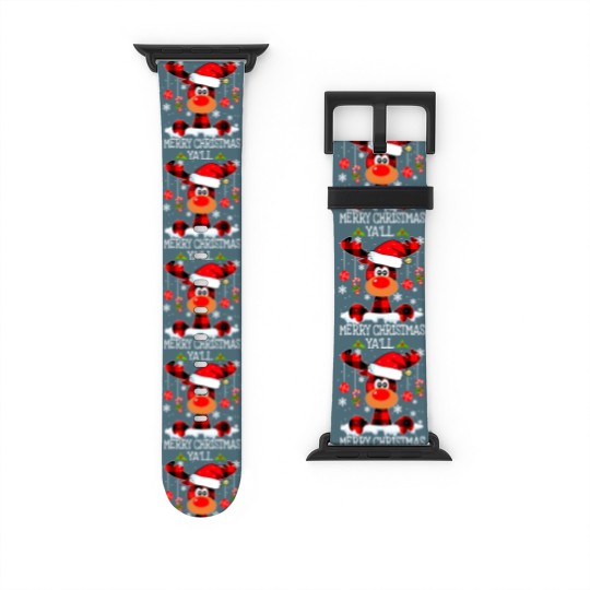 Discover Merry Christmas Ya'll Reindeer Santa Hat Buffalo Red Plaid Watch Bands For Apple Watch