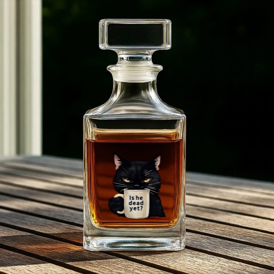 Discover Is He Dead Yet Black Cat Whiskey Decanters, Dark Humor Graphic, Anti Trump Protest Whiskey Decanters