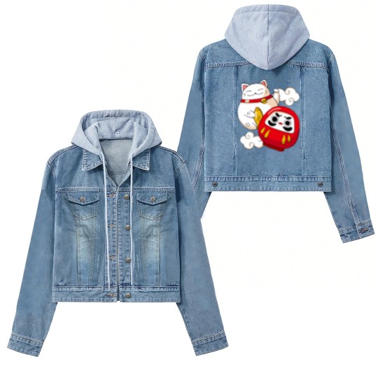 Discover Maneki Neko Lucky Cat Japanese Daruma Doll Kawaii Women's Denim Jackets