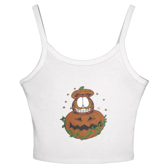 Discover Halloween Garfield Pumpkin Women's Spaghetti Strap Tank Tops, Halloween Pumpkin Garfield Cat Women's Spaghetti Strap Tank Tops