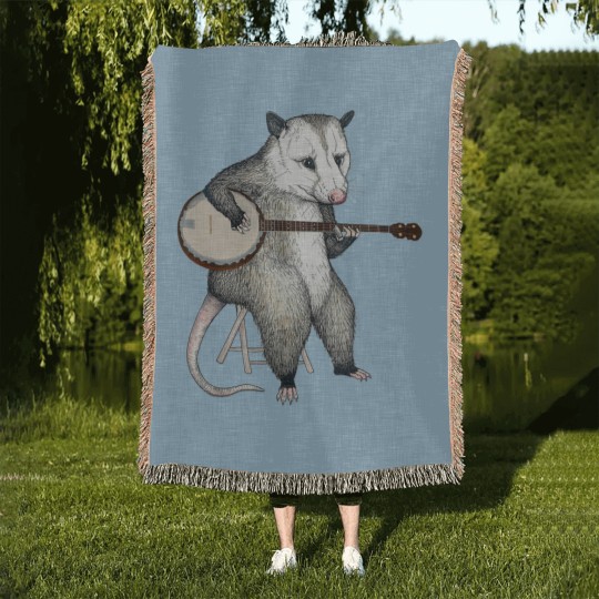 Discover Opossum Playing Banjo Guitar Possum Live Weird Trash Kitty Woven Blankets