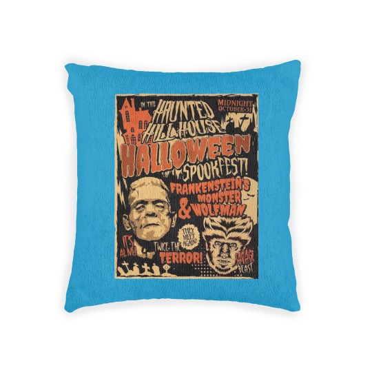 Discover Frankenstein and Wolfman Vintage Retro Halloween , 80's Horror Woven Pillows