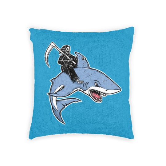 Discover Grim reaper rides a shark Woven Pillows
