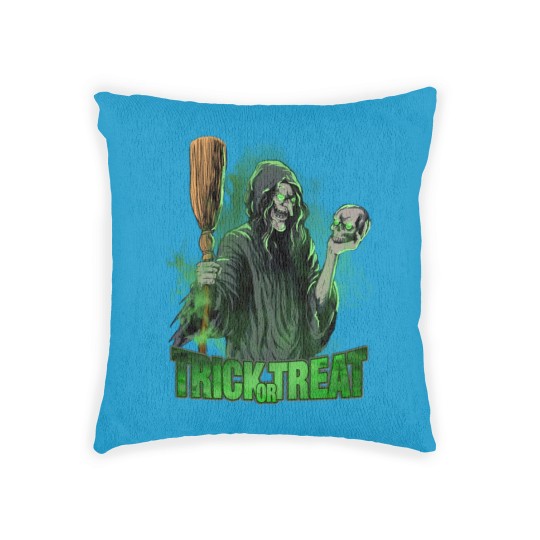Discover Scary evil Witch with Skull and Broom Halloween Woven Pillows