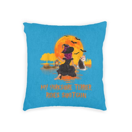 Discover My Yorkshire Terrier Rides Shotgun Dog and Witch Halloween Woven Pillows