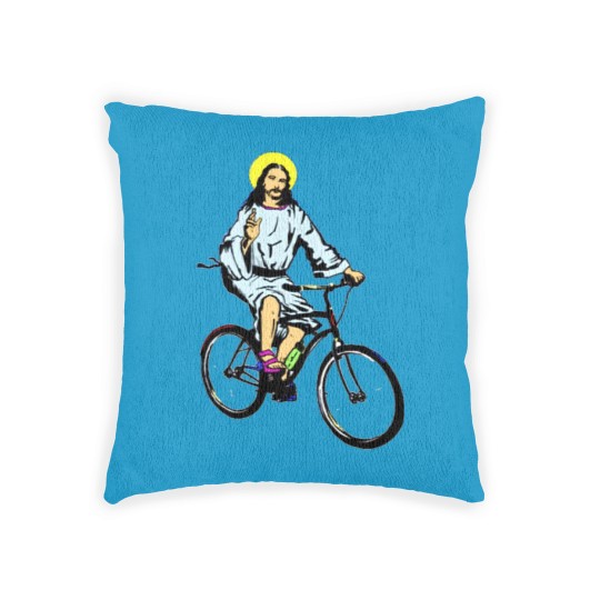 Discover Christ on a bike Woven Pillows