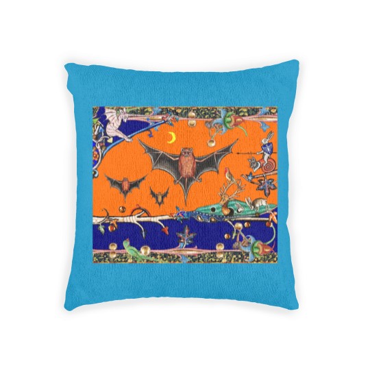 Discover WEIRD MEDIEVAL BESTIARY,FLYING BATS IN NIGHT BLUE Woven Pillows