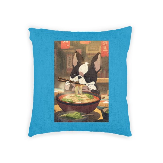Discover Boston Terrier Eating Ramen Woven Pillows