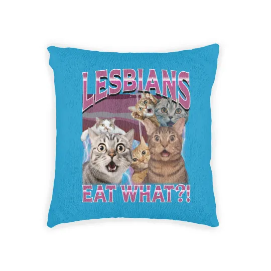 Discover Lesbians Eat What?! Funny Offensive Cat Bootleg Woven Pillows - Unhinged Woven Pillows