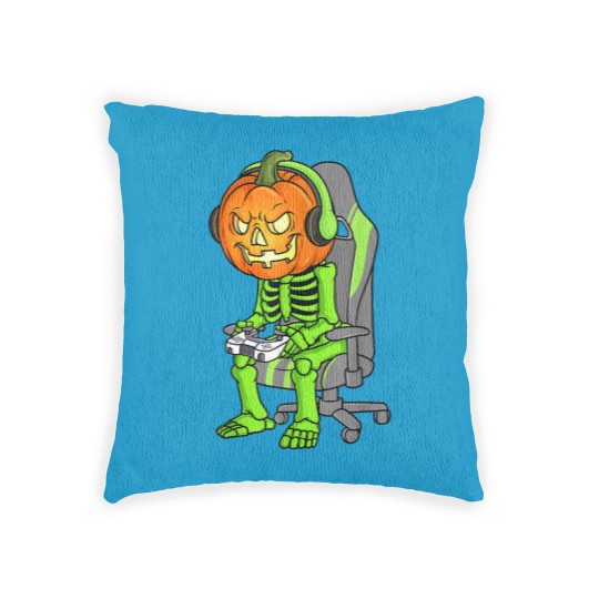 Discover Gaming Halloween Skeleton Jack O Lantern Gamer Boy Woven Pillows