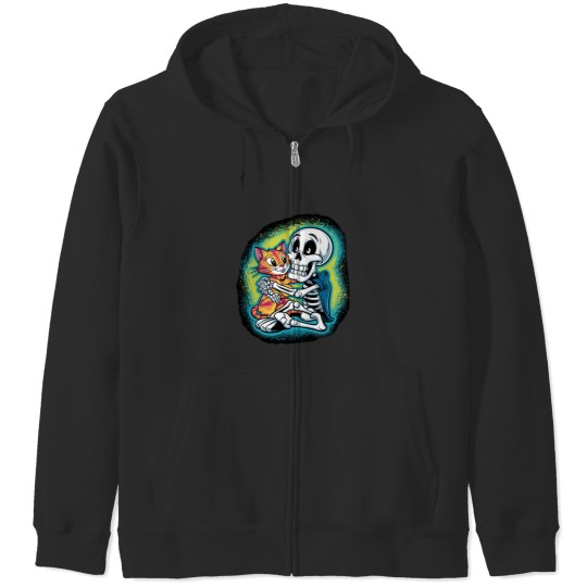 Discover HALLUAN-skeleton hugging cat hoddie design digital art Zip Hoodies