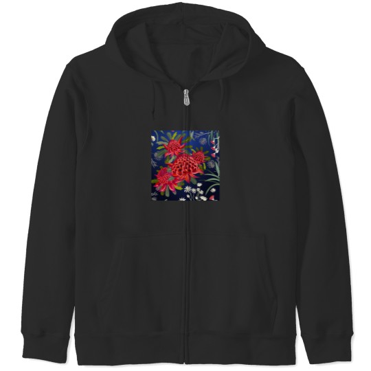 Discover Botanical Australian Native Flowers Waratah Forals Red Blue Bright Contemporary Art Zip Hoodies