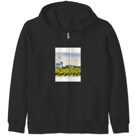 Discover Watercolor of French Loire Valley vineyards and chateau Active Zip Hoodies