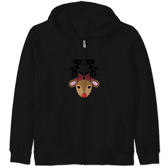 Discover Adorable Reindeer With Red Plaid Bow And Glitter Christmas Design Zip Hoodies