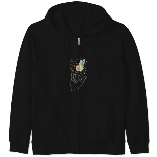 Discover Asl Love Sign Butterfly Puzzle Autism Awareness Zip Hoodies