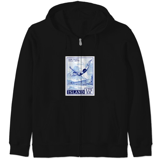 Discover 1955 Iceland Water Sports Postage Stamp Zip Hoodies