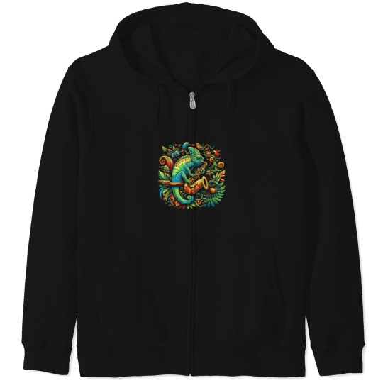 Discover Colorful Chameleon Playing Saxophone Sax Music A Zip Hoodies