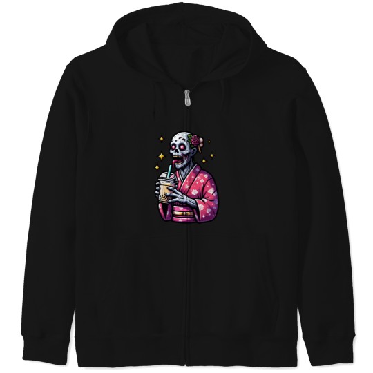 Discover zombie drinking bubble tea japanese kimono 1 Zip Hoodies
