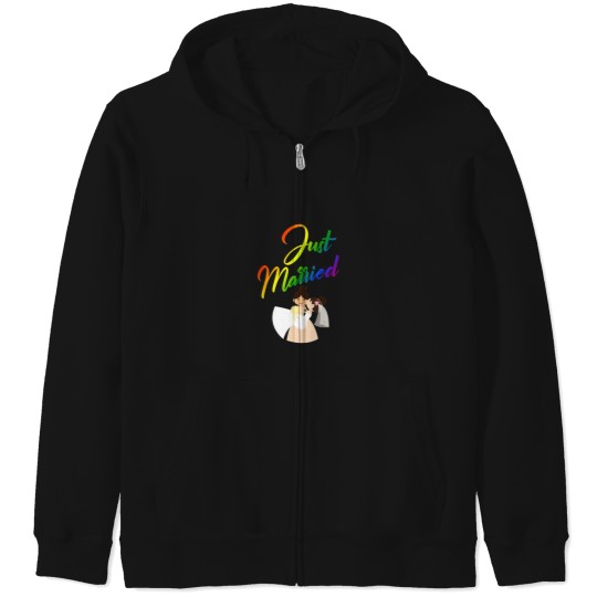 Discover Just Married Double Bride Lesbian Couple Rainbow Zip Hoodies
