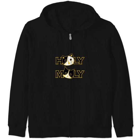 Discover Funny 'Holy Moly' Cat Design Expressive Black And Yellow Cartoon Art Zip Hoodies