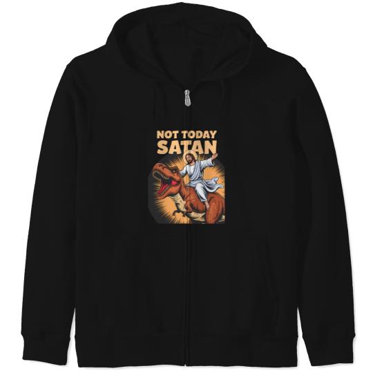Discover PeeKay Apparel  Dino Not Today Satan Jesus Riding Dinosaur  Funny Dinosaur Zip Hoodies