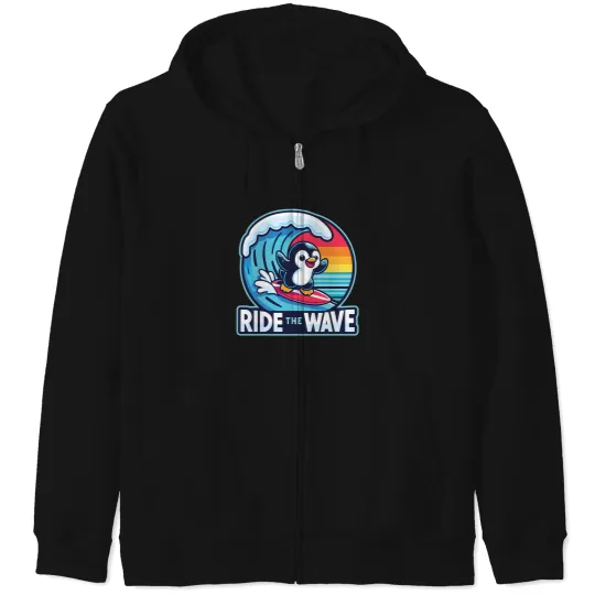 Discover Ride The Wave Cute Funny Penguin Surfing Active T Tee Zip Hoodies