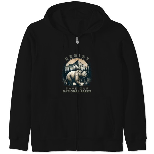 Discover Protect Ousr National Parks Resist Retro Vintages Grizzly Bear Zip Hoodies