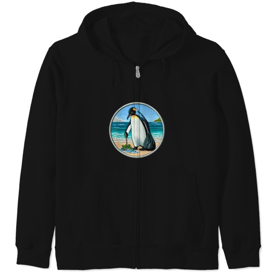 Discover Beach Cleanup Penguin Embroidery-Style Ocean Advocate Zip Hoodies