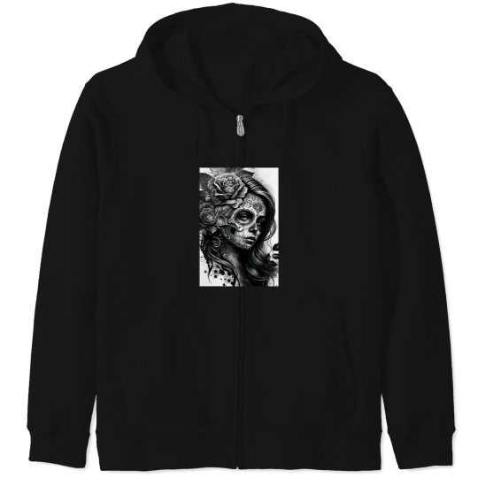 Discover Black and White Day of the Dead Girl Tattoo Style Art Print Zip Hoodies